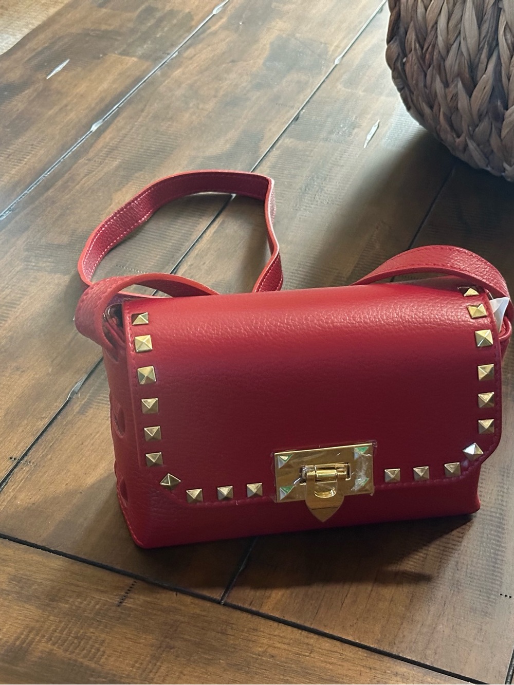 Red Leather Stud-Trim Shoulder Bag